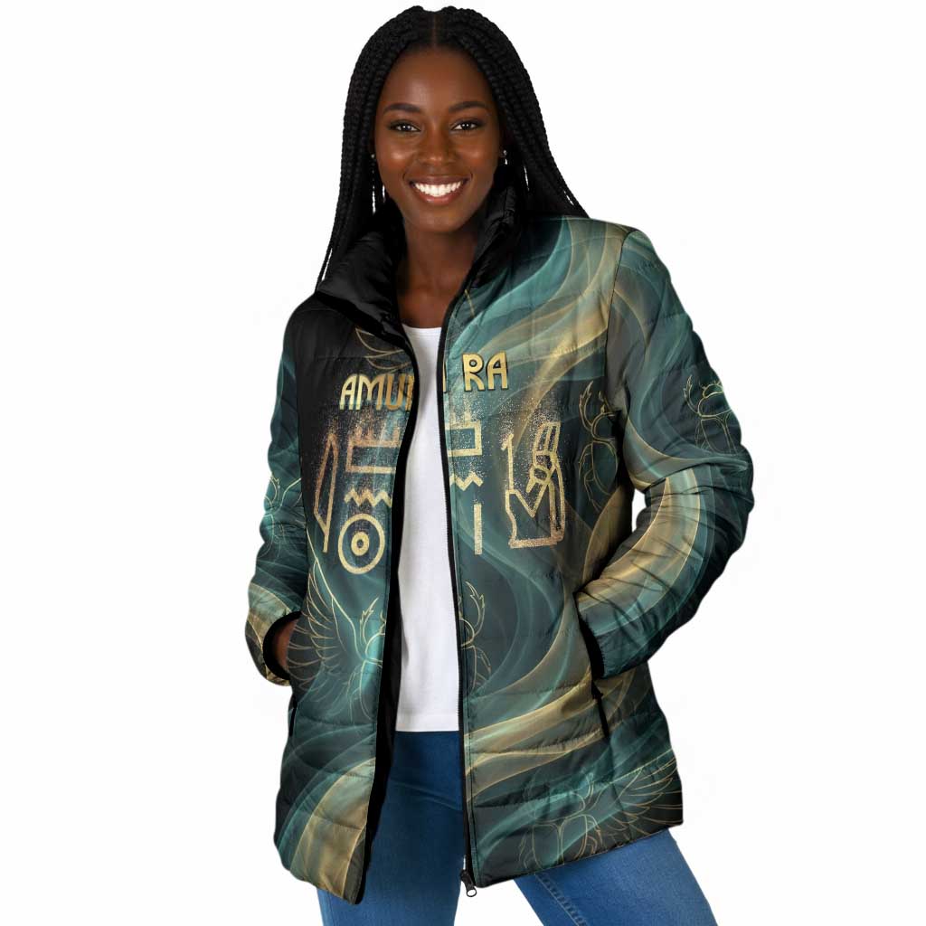 Amun Ancient Egyptian Padded Jacket with Mystical Smoke Swirl Pattern, Fiery Ram Head, and Hieroglyphic - African Pride