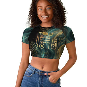 Amun Ancient Egyptian Raglan Cropped T shirt with Mystical Smoke Swirl Pattern, Fiery Ram Head, and Hieroglyphic - African Pride