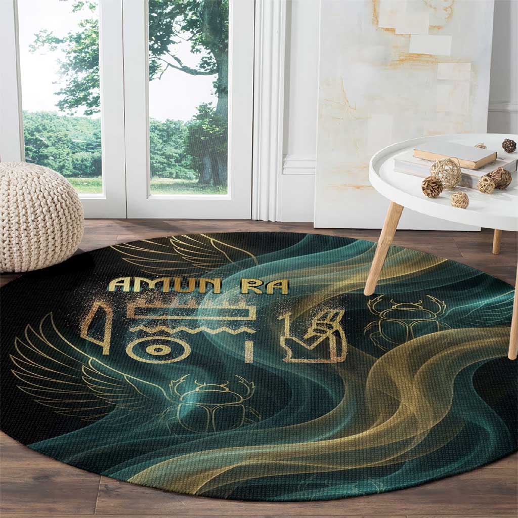 Amun Ancient Egyptian Round Carpet with Mystical Smoke Swirl Pattern, Fiery Ram Head, and Hieroglyphic - African Pride