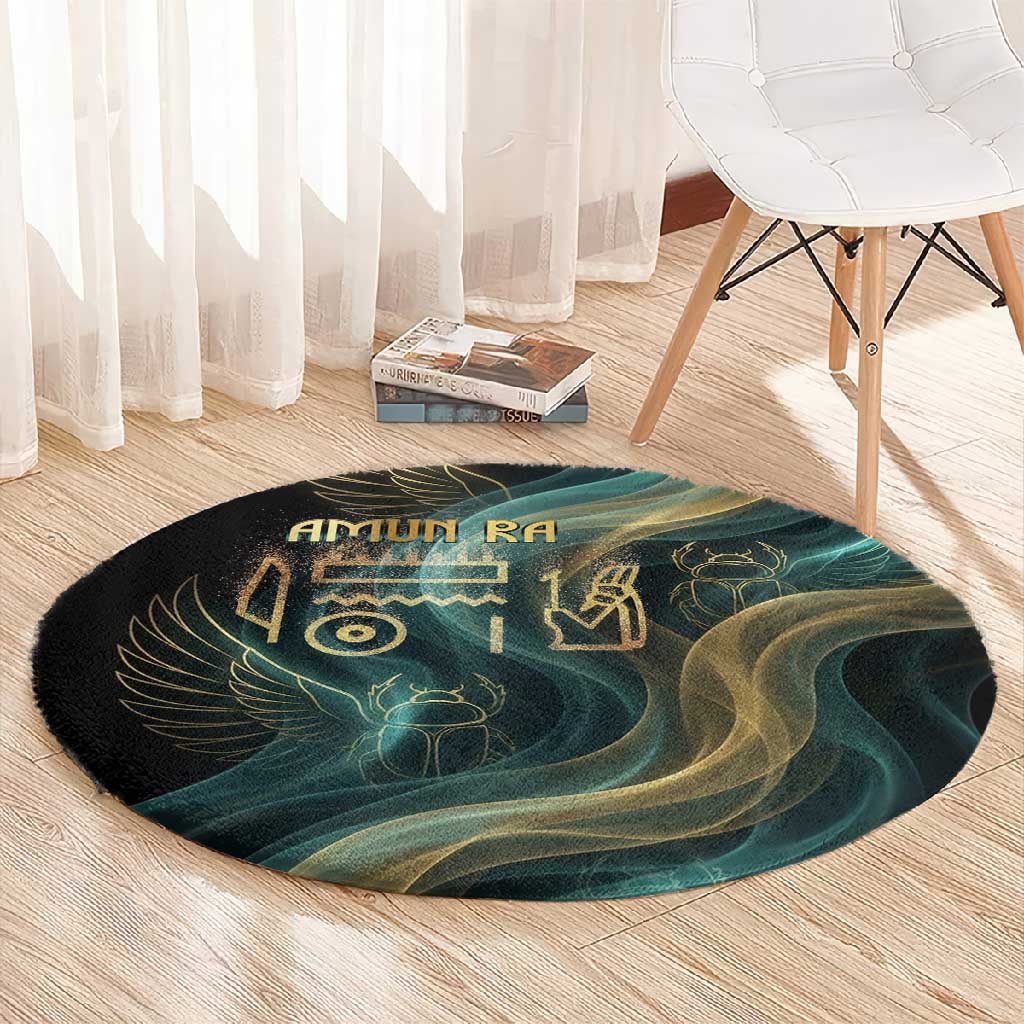 Amun Ancient Egyptian Round Carpet with Mystical Smoke Swirl Pattern, Fiery Ram Head, and Hieroglyphic - African Pride