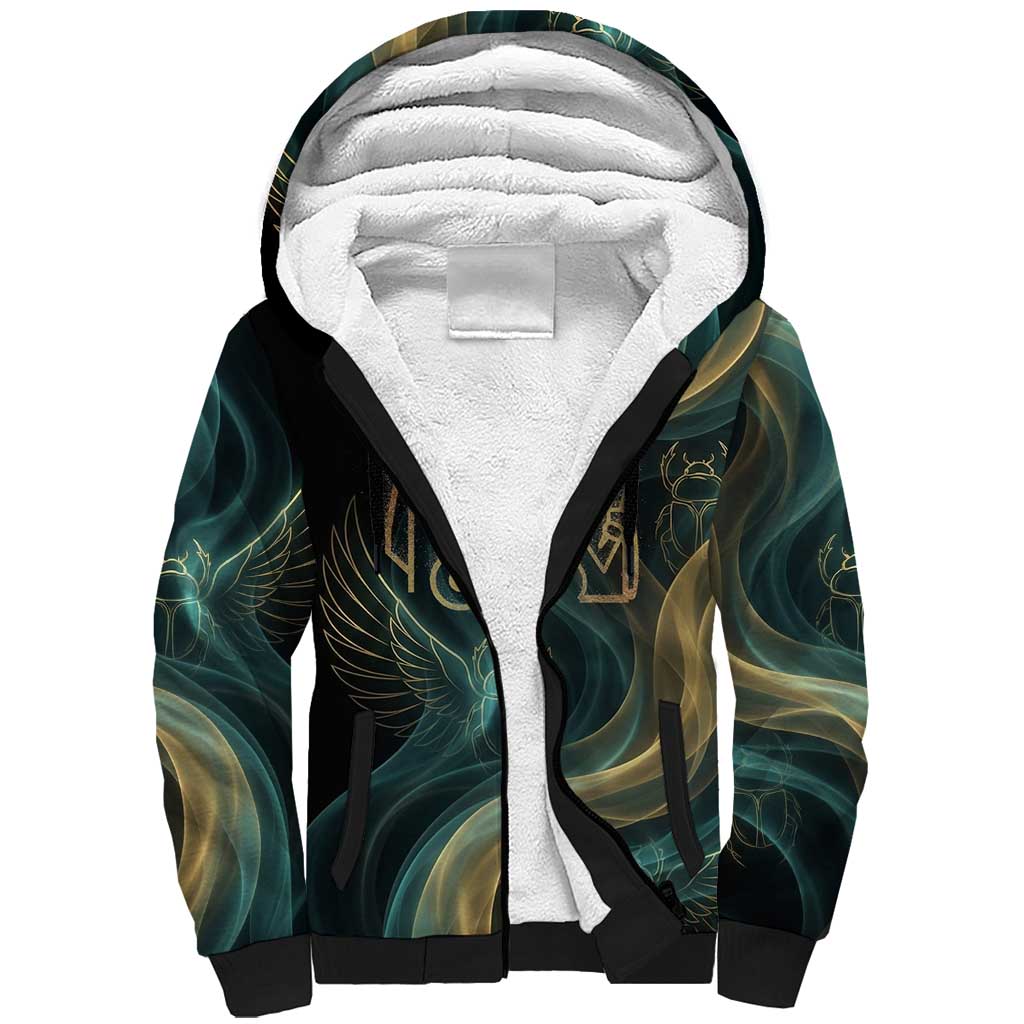 Amun Ancient Egyptian Sherpa Hoodie with Mystical Smoke Swirl Pattern, Fiery Ram Head, and Hieroglyphic - African Pride