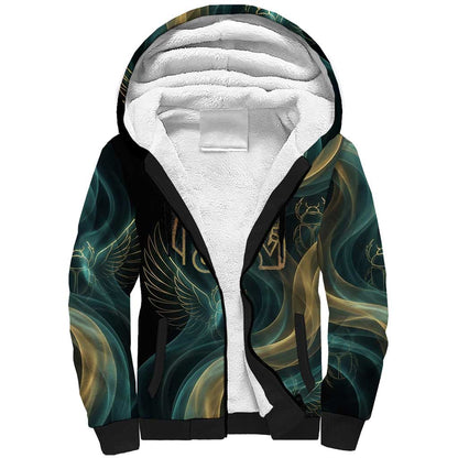 Amun Ancient Egyptian Sherpa Hoodie with Mystical Smoke Swirl Pattern, Fiery Ram Head, and Hieroglyphic - African Pride