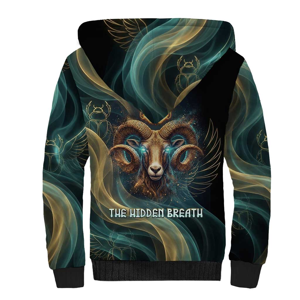 Amun Ancient Egyptian Sherpa Hoodie with Mystical Smoke Swirl Pattern, Fiery Ram Head, and Hieroglyphic - African Pride