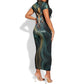 Amun Ancient Egyptian Short Sleeve Bodycon Dress with Mystical Smoke Swirl Pattern, Fiery Ram Head, and Hieroglyphic - African Pride