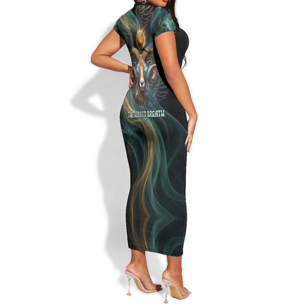 Amun Ancient Egyptian Short Sleeve Bodycon Dress with Mystical Smoke Swirl Pattern, Fiery Ram Head, and Hieroglyphic - African Pride