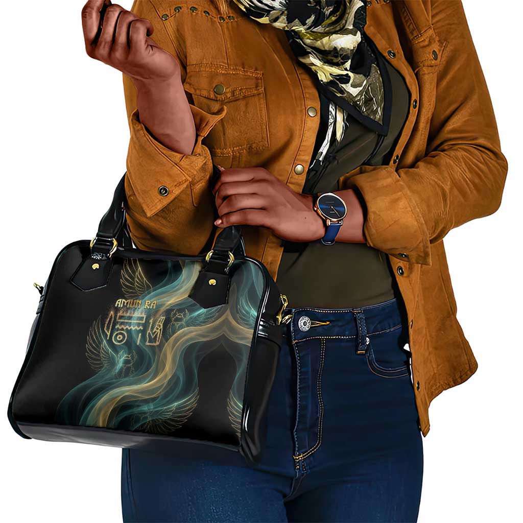 Amun Ancient Egyptian Shoulder Handbag with Mystical Smoke Swirl Pattern, Fiery Ram Head, and Hieroglyphic - African Pride