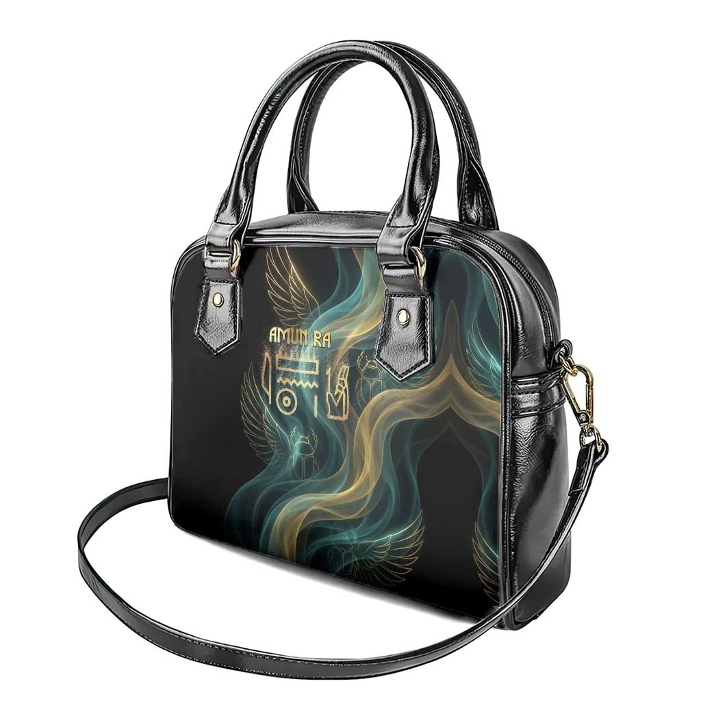 Amun Ancient Egyptian Shoulder Handbag with Mystical Smoke Swirl Pattern, Fiery Ram Head, and Hieroglyphic - African Pride