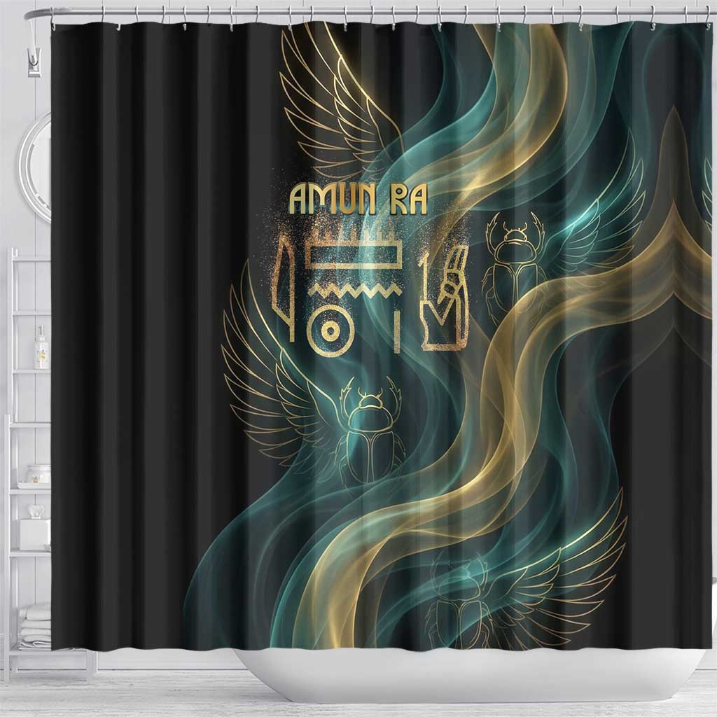 Amun Ancient Egyptian Shower Curtain with Mystical Smoke Swirl Pattern, Fiery Ram Head, and Hieroglyphic - African Pride