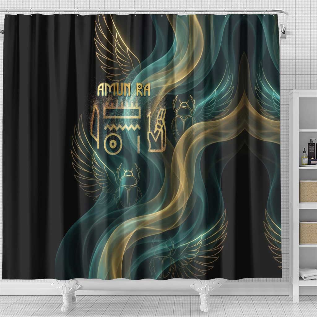 Amun Ancient Egyptian Shower Curtain with Mystical Smoke Swirl Pattern, Fiery Ram Head, and Hieroglyphic - African Pride