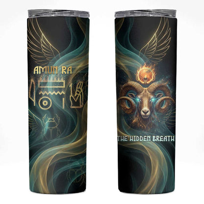 Amun Ancient Egyptian Skinny Tumbler with Mystical Smoke Swirl Pattern, Fiery Ram Head, and Hieroglyphic - African Pride