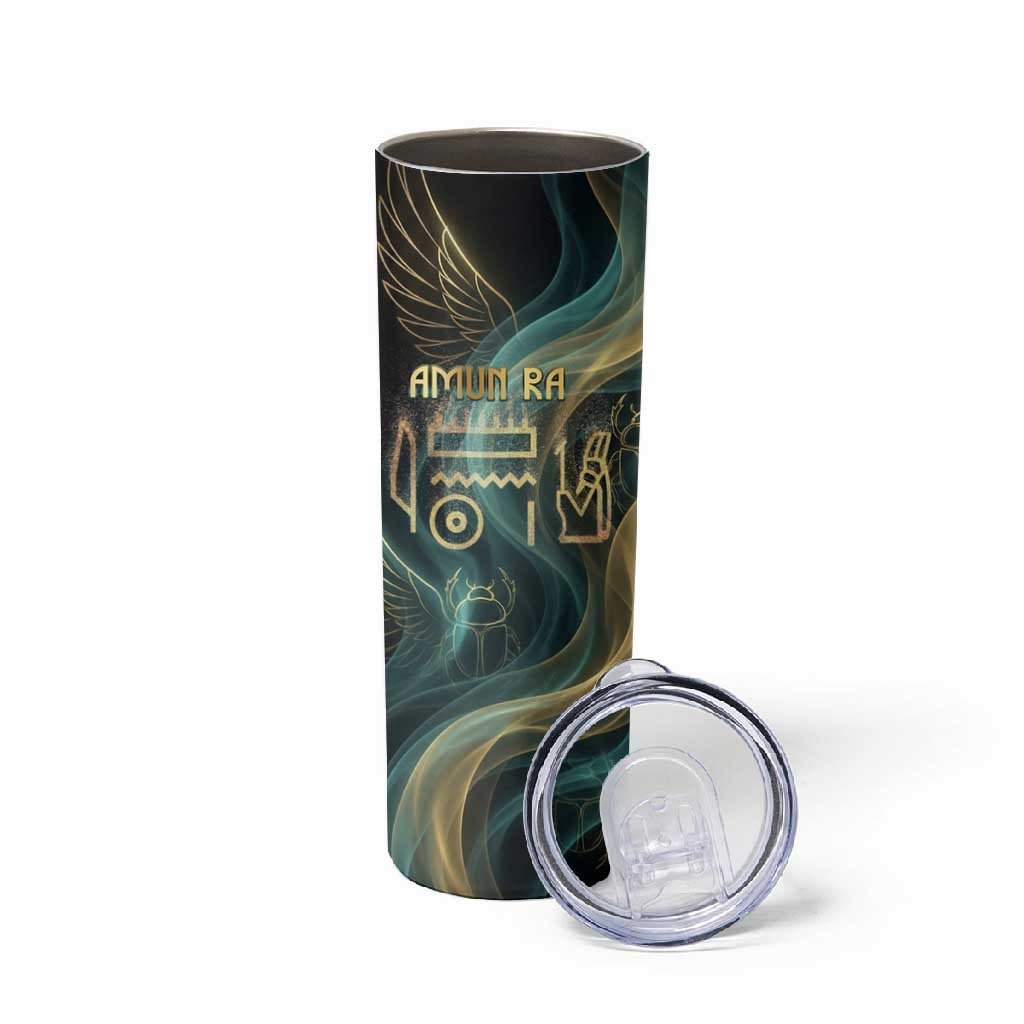 Amun Ancient Egyptian Skinny Tumbler with Mystical Smoke Swirl Pattern, Fiery Ram Head, and Hieroglyphic - African Pride