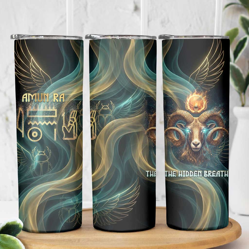Amun Ancient Egyptian Skinny Tumbler with Mystical Smoke Swirl Pattern, Fiery Ram Head, and Hieroglyphic - African Pride