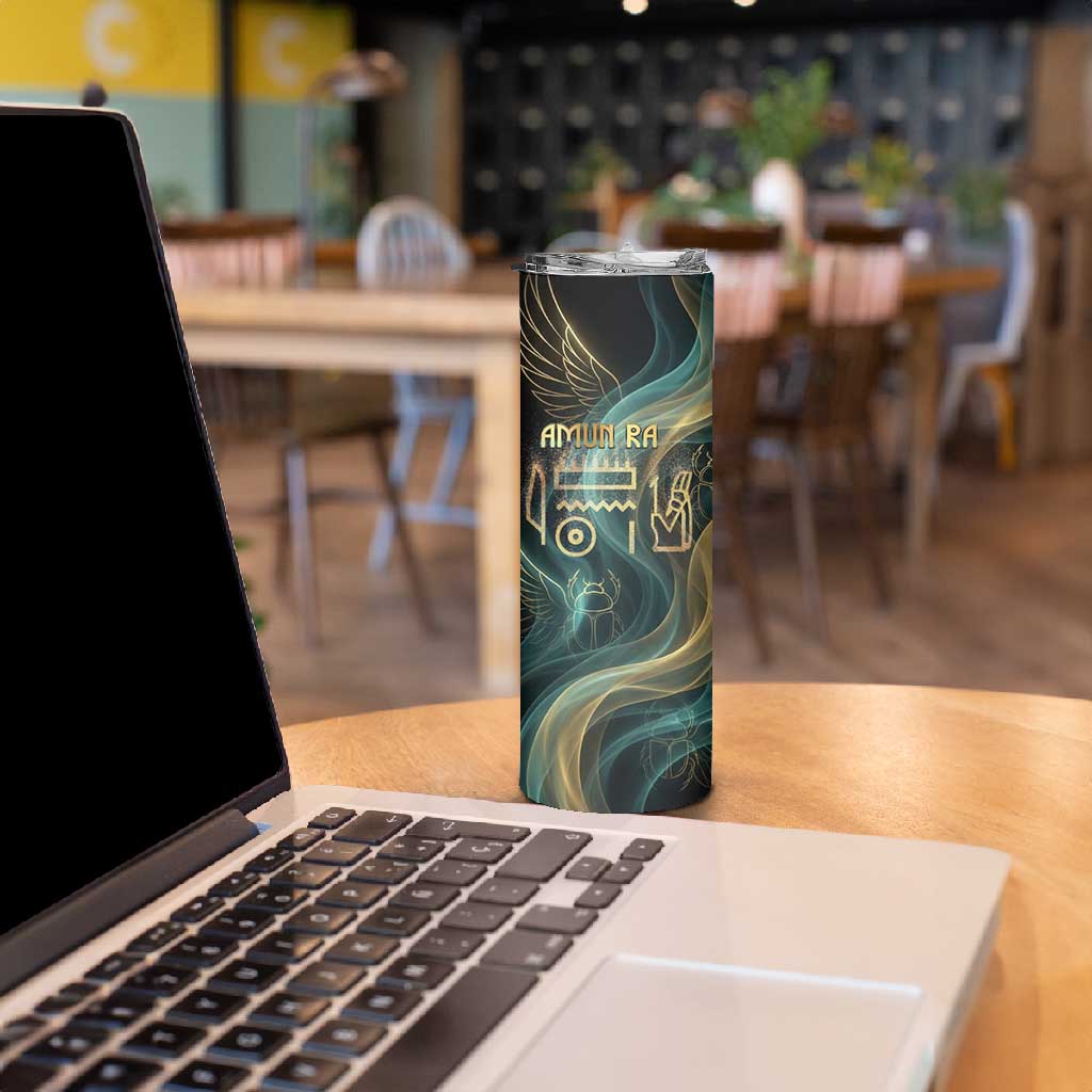 Amun Ancient Egyptian Skinny Tumbler with Mystical Smoke Swirl Pattern, Fiery Ram Head, and Hieroglyphic - African Pride