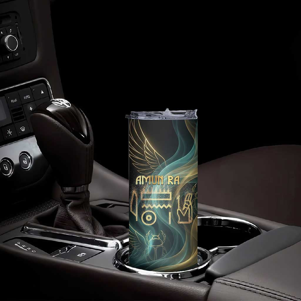 Amun Ancient Egyptian Skinny Tumbler with Mystical Smoke Swirl Pattern, Fiery Ram Head, and Hieroglyphic - African Pride