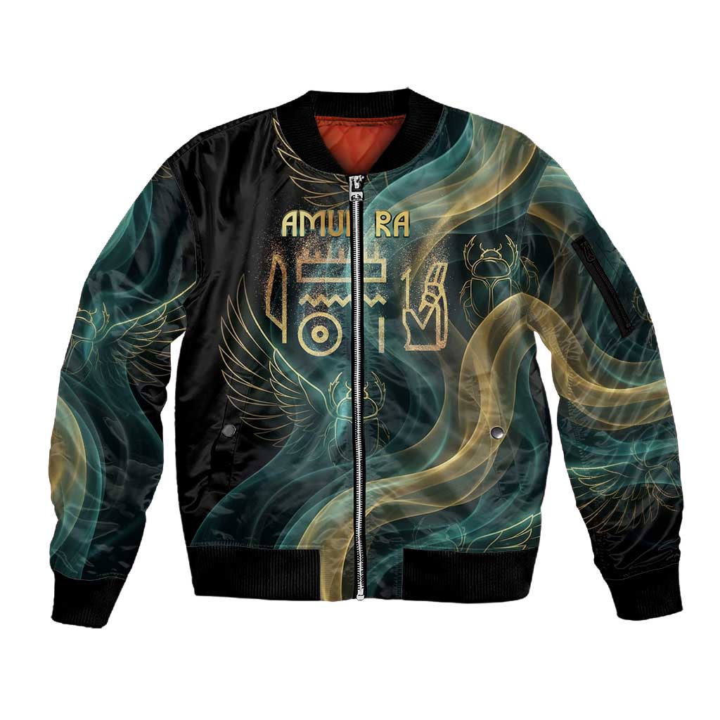 Amun Ancient Egyptian Sleeve Zip Bomber Jacket with Mystical Smoke Swirl Pattern, Fiery Ram Head, and Hieroglyphic - African Pride