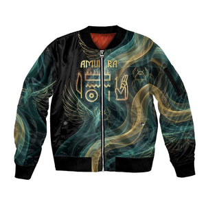 Amun Ancient Egyptian Sleeve Zip Bomber Jacket with Mystical Smoke Swirl Pattern, Fiery Ram Head, and Hieroglyphic - African Pride