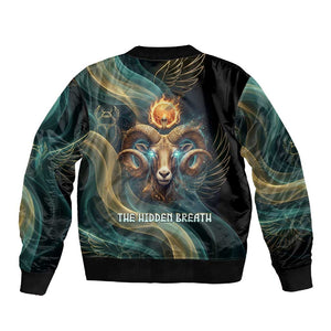 Amun Ancient Egyptian Sleeve Zip Bomber Jacket with Mystical Smoke Swirl Pattern, Fiery Ram Head, and Hieroglyphic - African Pride
