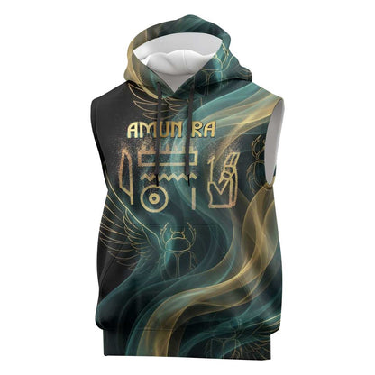 Amun Ancient Egyptian Sleeveless Hoodie with Mystical Smoke Swirl Pattern, Fiery Ram Head, and Hieroglyphic - African Pride