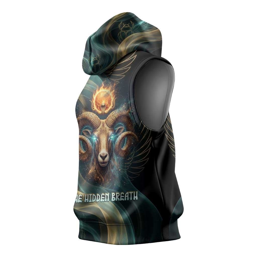 Amun Ancient Egyptian Sleeveless Hoodie with Mystical Smoke Swirl Pattern, Fiery Ram Head, and Hieroglyphic - African Pride