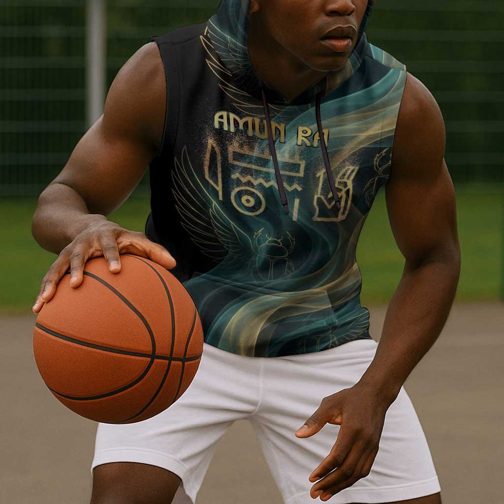Amun Ancient Egyptian Sleeveless Hoodie with Mystical Smoke Swirl Pattern, Fiery Ram Head, and Hieroglyphic - African Pride