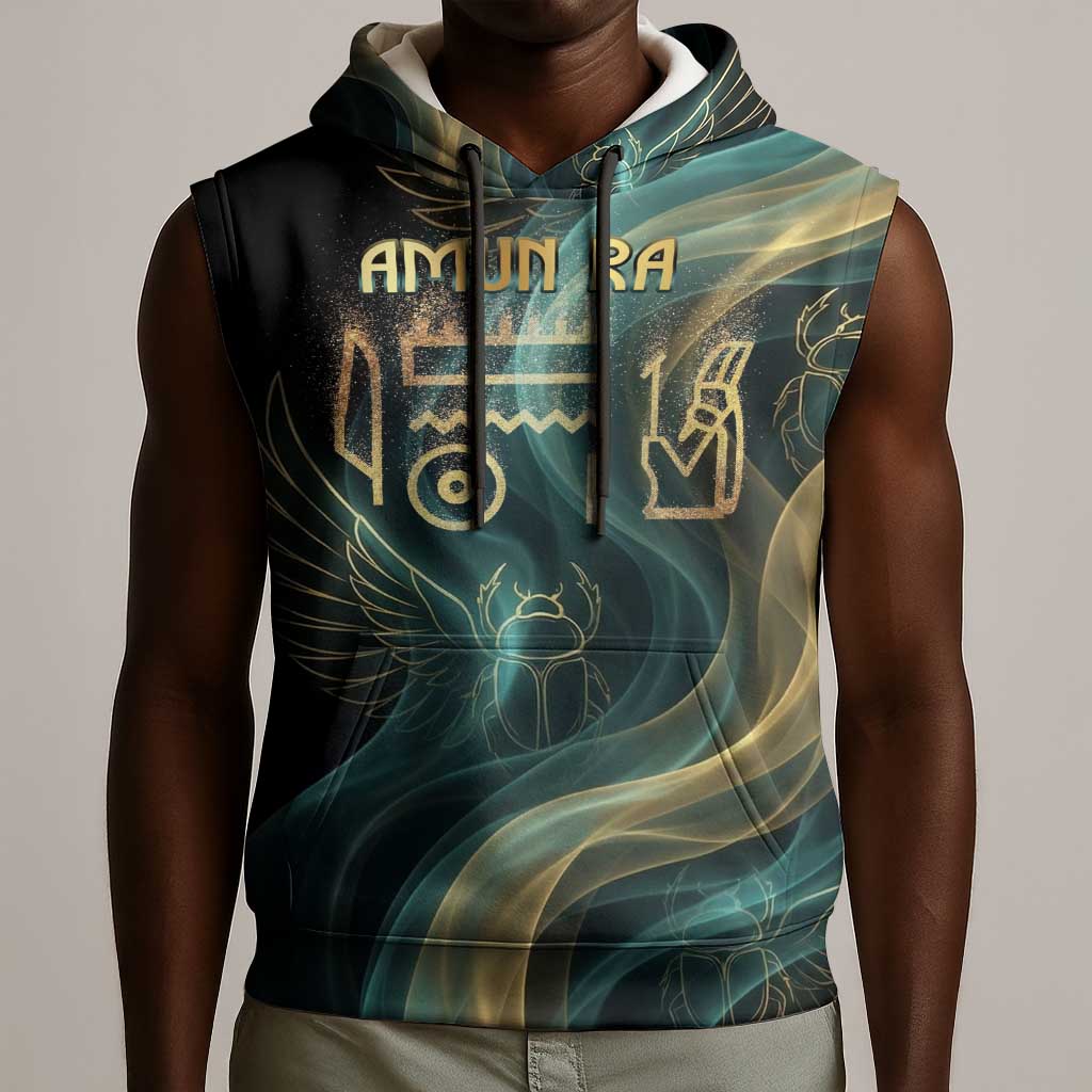 Amun Ancient Egyptian Sleeveless Hoodie with Mystical Smoke Swirl Pattern, Fiery Ram Head, and Hieroglyphic - African Pride