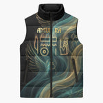 Amun Ancient Egyptian Sleeveless Puffer Jacket with Mystical Smoke Swirl Pattern, Fiery Ram Head, and Hieroglyphic - African Pride