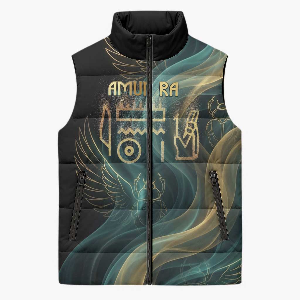 Amun Ancient Egyptian Sleeveless Puffer Jacket with Mystical Smoke Swirl Pattern, Fiery Ram Head, and Hieroglyphic - African Pride