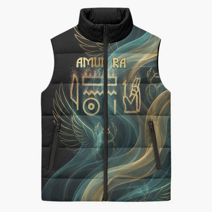 Amun Ancient Egyptian Sleeveless Puffer Jacket with Mystical Smoke Swirl Pattern, Fiery Ram Head, and Hieroglyphic - African Pride