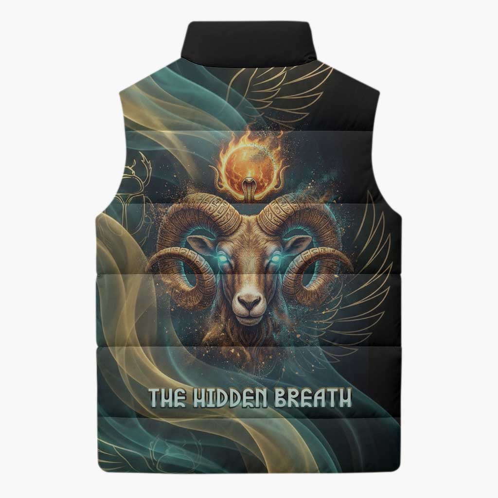 Amun Ancient Egyptian Sleeveless Puffer Jacket with Mystical Smoke Swirl Pattern, Fiery Ram Head, and Hieroglyphic - African Pride