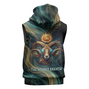 Amun Ancient Egyptian Sleeveless Zip Hoodie with Mystical Smoke Swirl Pattern, Fiery Ram Head, and Hieroglyphic - African Pride