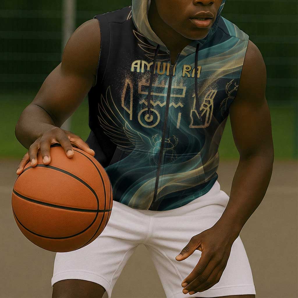 Amun Ancient Egyptian Sleeveless Zip Hoodie with Mystical Smoke Swirl Pattern, Fiery Ram Head, and Hieroglyphic - African Pride