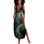 Amun Ancient Egyptian Summer Maxi Dress with Mystical Smoke Swirl Pattern, Fiery Ram Head, and Hieroglyphic - African Pride