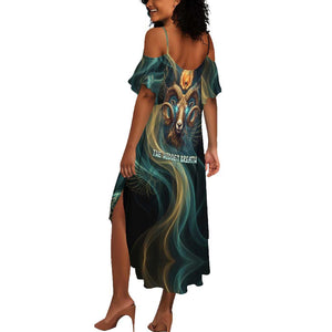 Amun Ancient Egyptian Summer Maxi Dress with Mystical Smoke Swirl Pattern, Fiery Ram Head, and Hieroglyphic - African Pride
