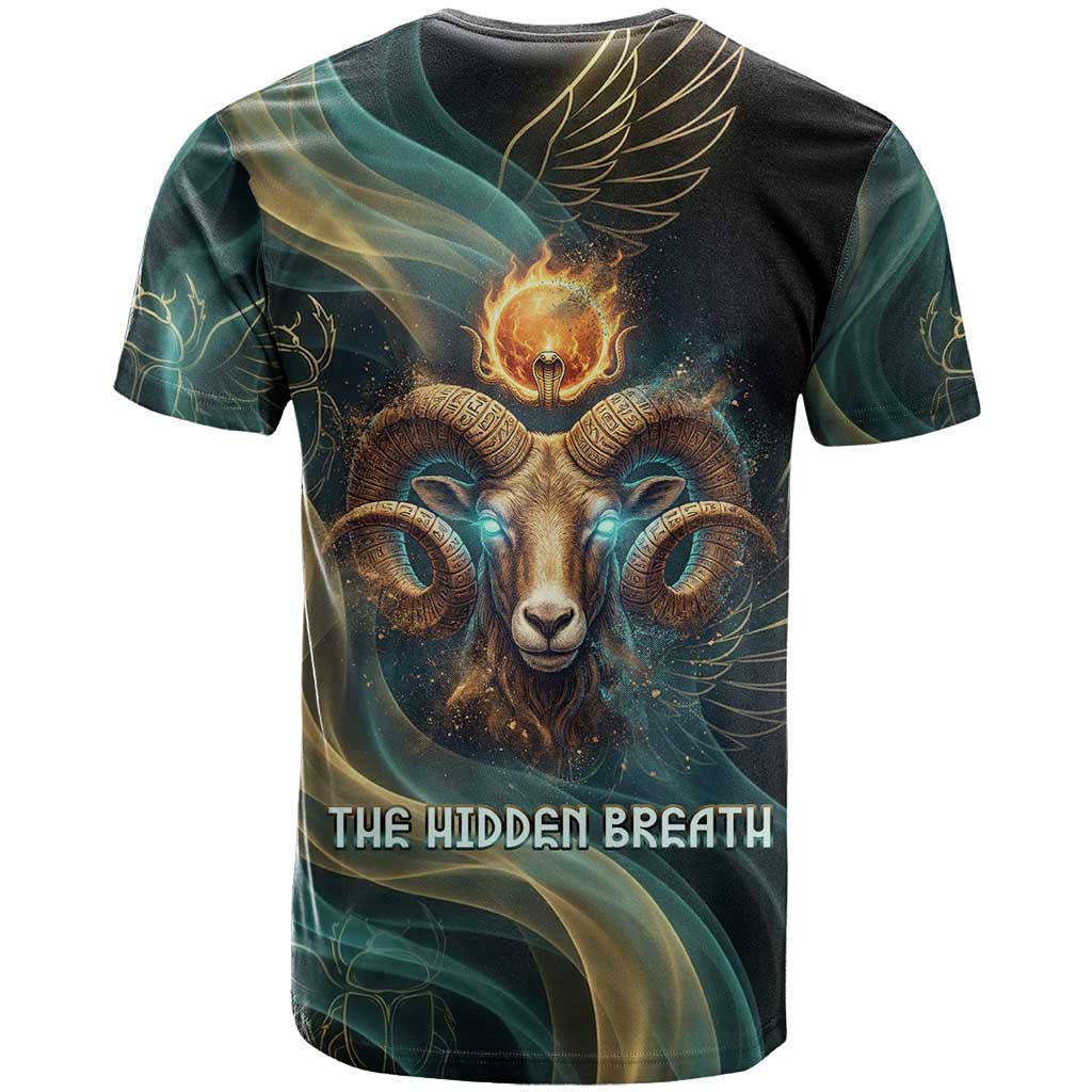 Amun Ancient Egyptian T shirt with Mystical Smoke Swirl Pattern, Fiery Ram Head, and Hieroglyphic - African Pride