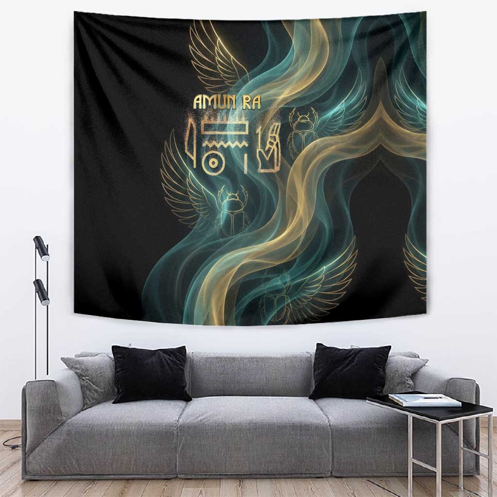 Amun Ancient Egyptian Tapestry with Mystical Smoke Swirl Pattern, Fiery Ram Head, and Hieroglyphic - African Pride