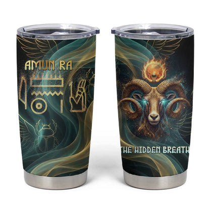 Amun Ancient Egyptian Tumbler Cup with Mystical Smoke Swirl Pattern, Fiery Ram Head, and Hieroglyphic - African Pride