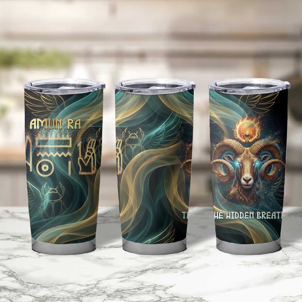 Amun Ancient Egyptian Tumbler Cup with Mystical Smoke Swirl Pattern, Fiery Ram Head, and Hieroglyphic - African Pride