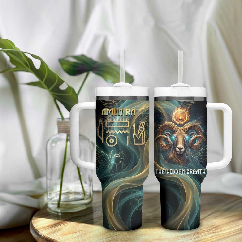 Amun Ancient Egyptian Tumbler With Handle with Mystical Smoke Swirl Pattern, Fiery Ram Head, and Hieroglyphic - African Pride