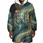 Amun Ancient Egyptian Wearable Blanket Hoodie with Mystical Smoke Swirl Pattern, Fiery Ram Head, and Hieroglyphic - African Pride