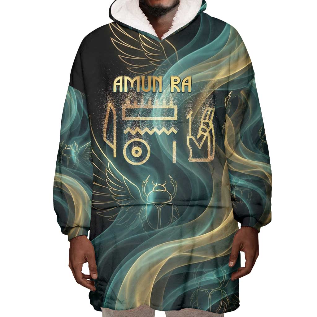Amun Ancient Egyptian Wearable Blanket Hoodie with Mystical Smoke Swirl Pattern, Fiery Ram Head, and Hieroglyphic - African Pride