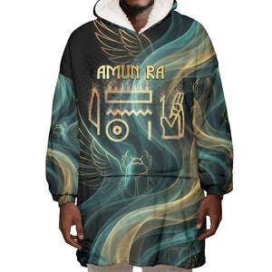 Amun Ancient Egyptian Wearable Blanket Hoodie with Mystical Smoke Swirl Pattern, Fiery Ram Head, and Hieroglyphic - African Pride