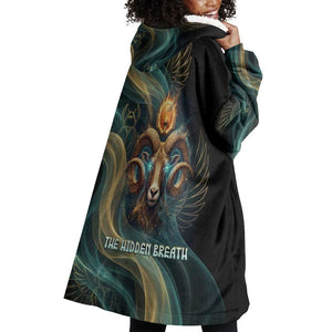 Amun Ancient Egyptian Wearable Blanket Hoodie with Mystical Smoke Swirl Pattern, Fiery Ram Head, and Hieroglyphic - African Pride
