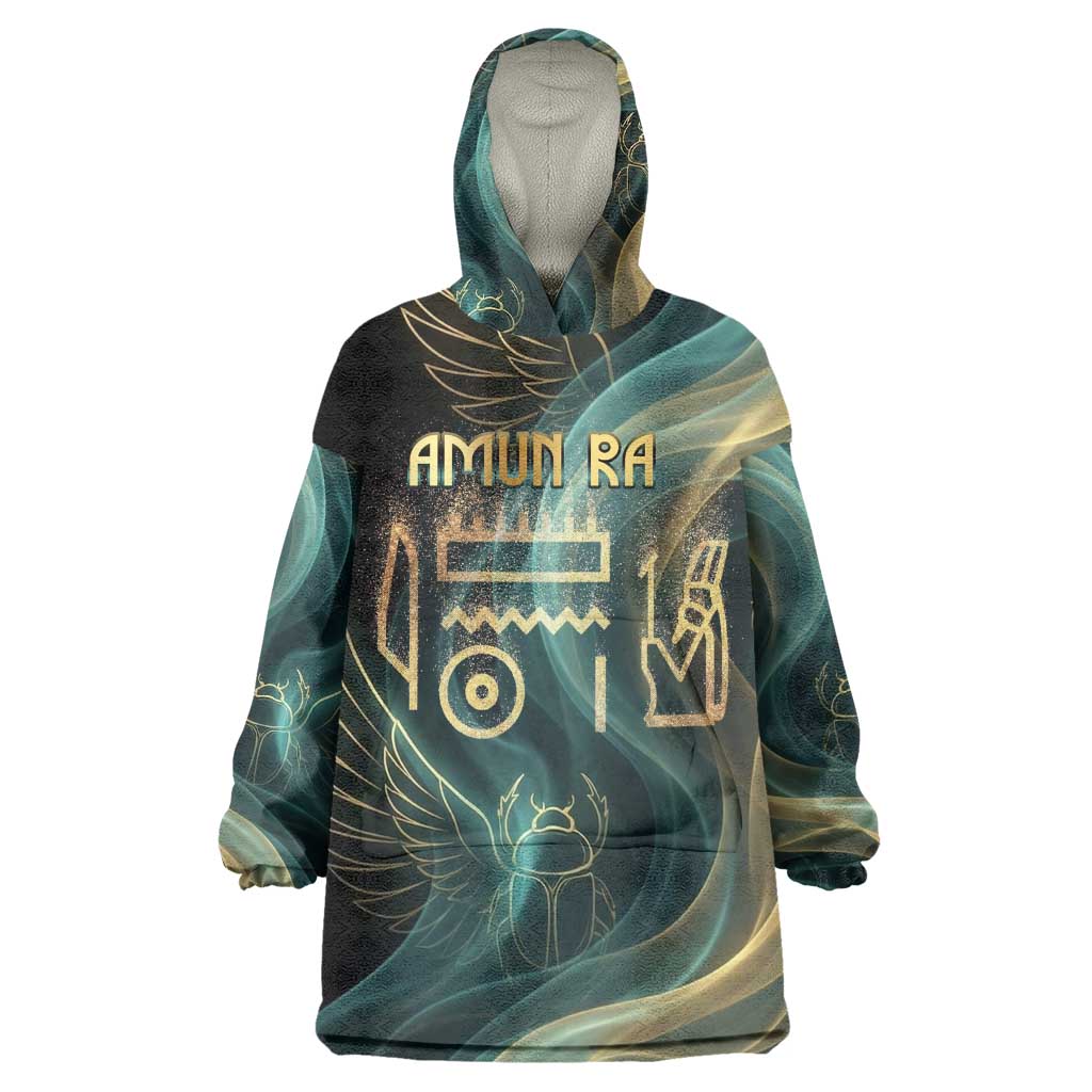 Amun Ancient Egyptian Wearable Blanket Hoodie with Mystical Smoke Swirl Pattern, Fiery Ram Head, and Hieroglyphic - African Pride