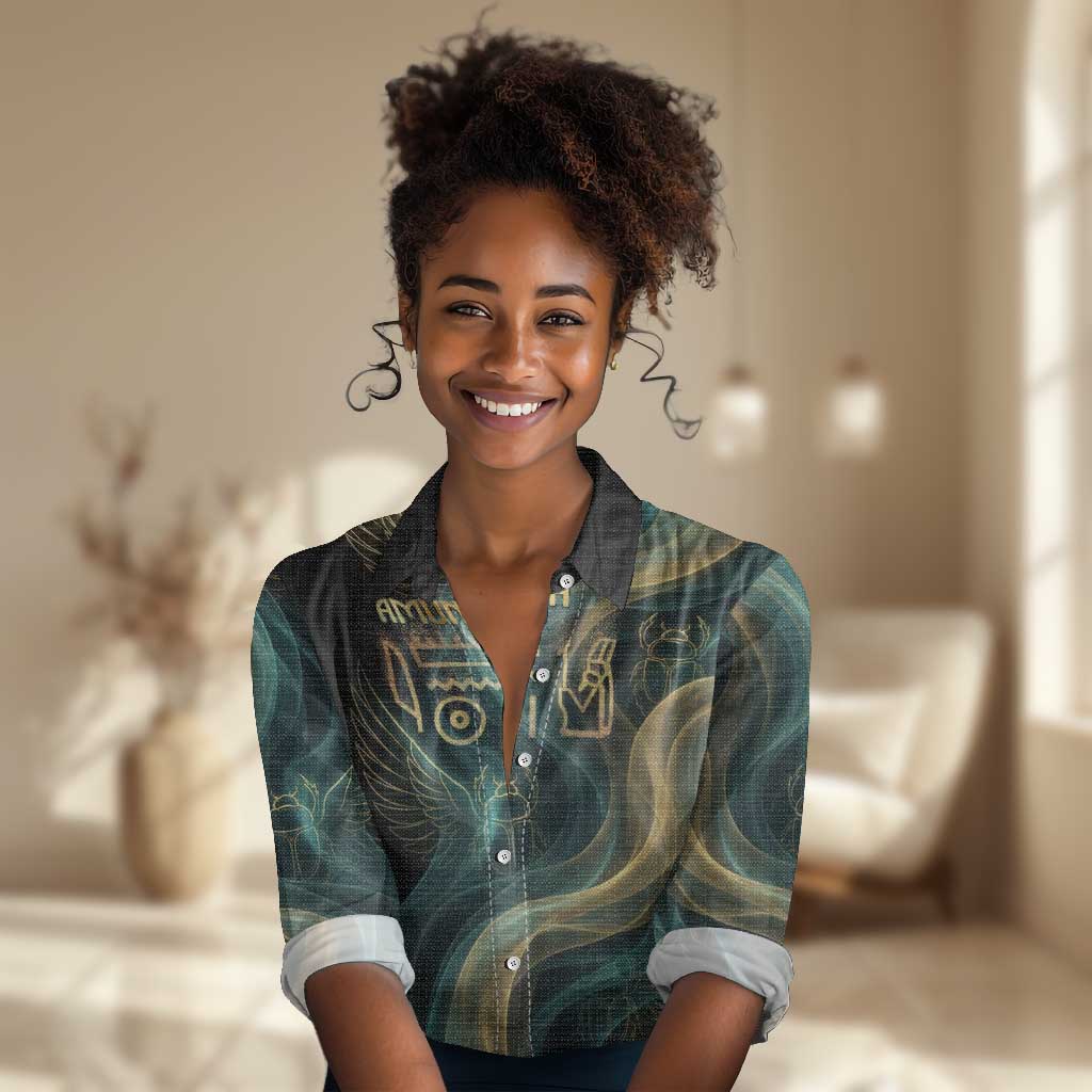 Amun Ancient Egyptian Women Casual Shirt with Mystical Smoke Swirl Pattern, Fiery Ram Head, and Hieroglyphic - African Pride