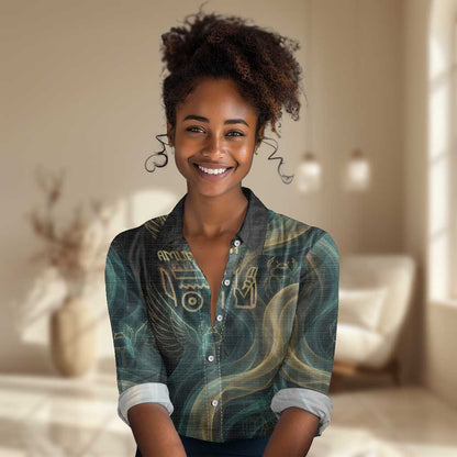 Amun Ancient Egyptian Women Casual Shirt with Mystical Smoke Swirl Pattern, Fiery Ram Head, and Hieroglyphic - African Pride