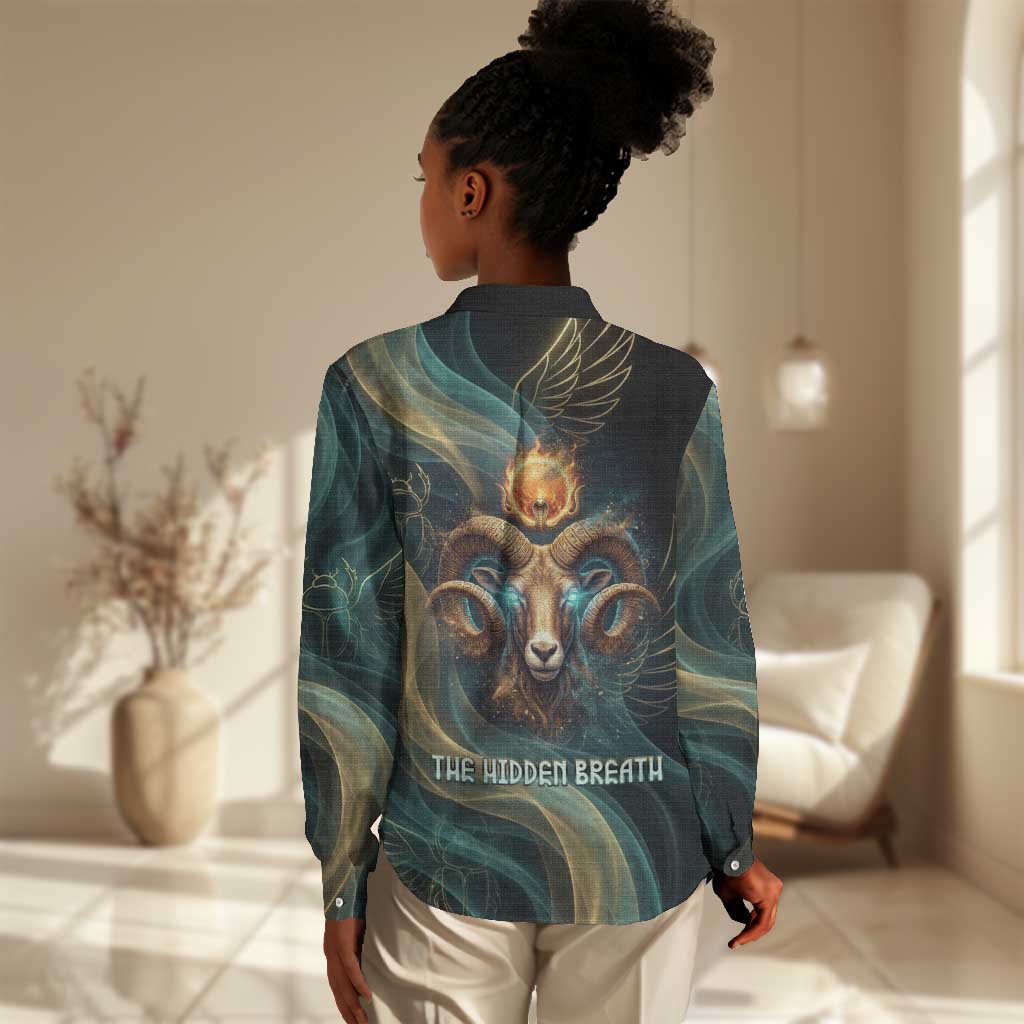 Amun Ancient Egyptian Women Casual Shirt with Mystical Smoke Swirl Pattern, Fiery Ram Head, and Hieroglyphic - African Pride