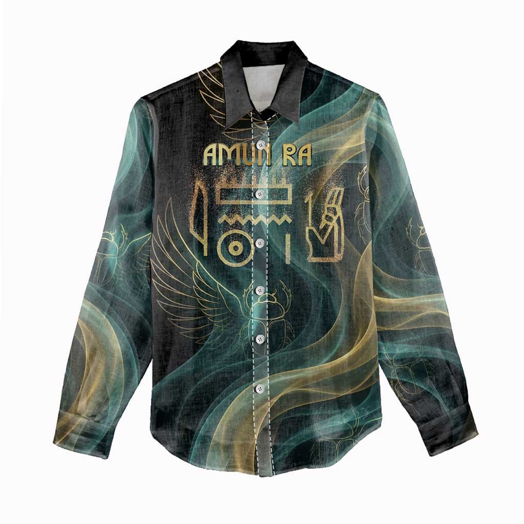 Amun Ancient Egyptian Women Casual Shirt with Mystical Smoke Swirl Pattern, Fiery Ram Head, and Hieroglyphic - African Pride