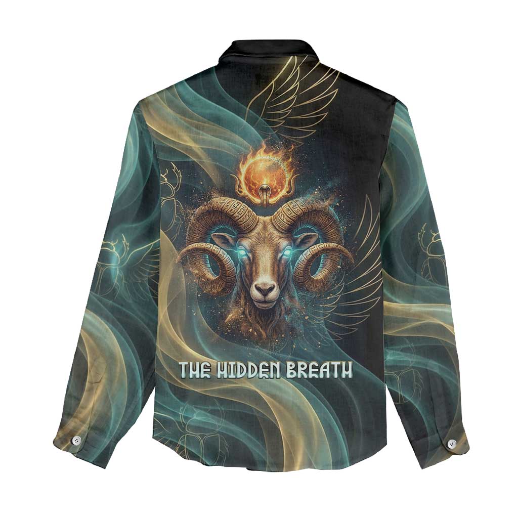 Amun Ancient Egyptian Women Casual Shirt with Mystical Smoke Swirl Pattern, Fiery Ram Head, and Hieroglyphic - African Pride