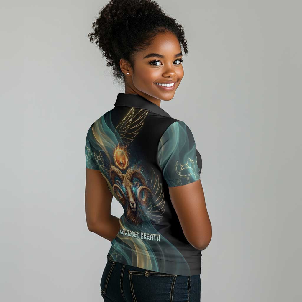 Amun Ancient Egyptian Women Polo Shirt with Mystical Smoke Swirl Pattern, Fiery Ram Head, and Hieroglyphic - African Pride