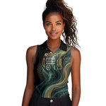 Amun Ancient Egyptian Women Sleeveless Polo Shirt with Mystical Smoke Swirl Pattern, Fiery Ram Head, and Hieroglyphic - African Pride